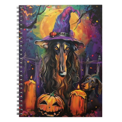 Spooky Afghan Hound Halloween Witch and Pumpkin Notebook