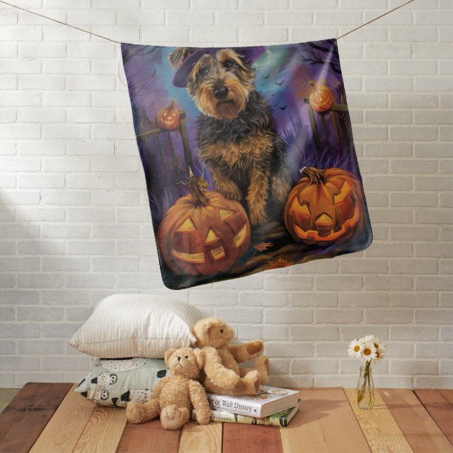 Spooky Airedale Halloween Witch and Pumpkin Baby Blanket (In Situ)