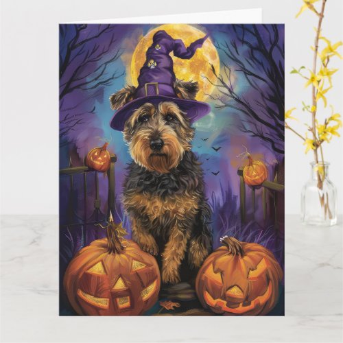 Spooky Airedale Halloween Witch and Pumpkin Card