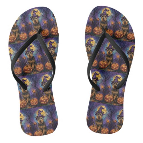 Spooky Airedale Halloween Witch and Pumpkin Flip Flops