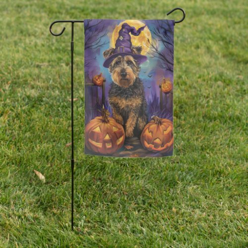 Spooky Airedale Halloween Witch and Pumpkin Garden Flag