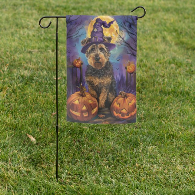 Spooky Airedale Halloween Witch and Pumpkin Garden Flag (In SItu)