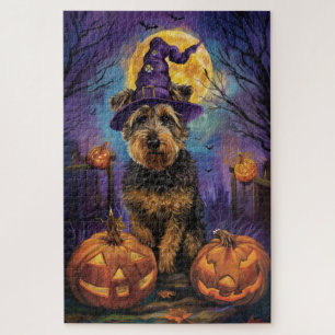 Spooky Airedale Halloween Witch and Pumpkin Jigsaw Puzzle