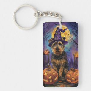 Spooky Airedale Halloween Witch and Pumpkin Keychain