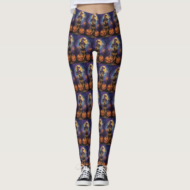 Spooky Airedale Halloween Witch and Pumpkin Leggings (Front)
