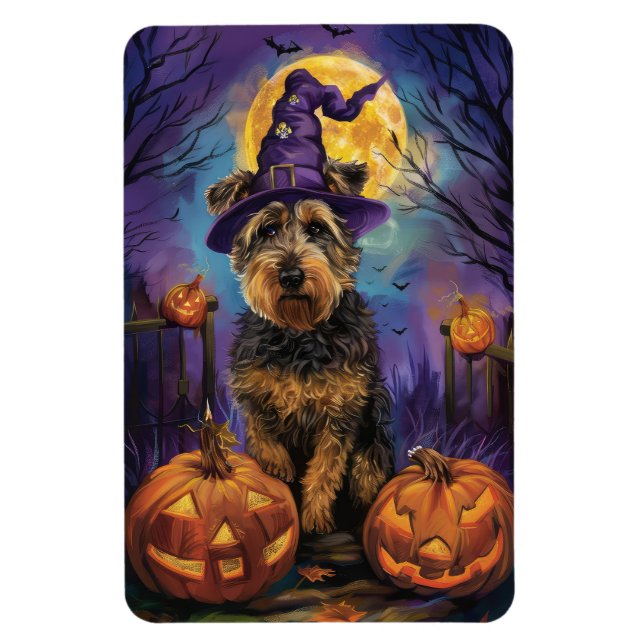Spooky Airedale Halloween Witch and Pumpkin Magnet (Vertical)