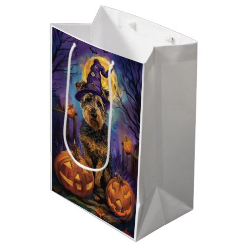 Spooky Airedale Halloween Witch and Pumpkin Medium Gift Bag