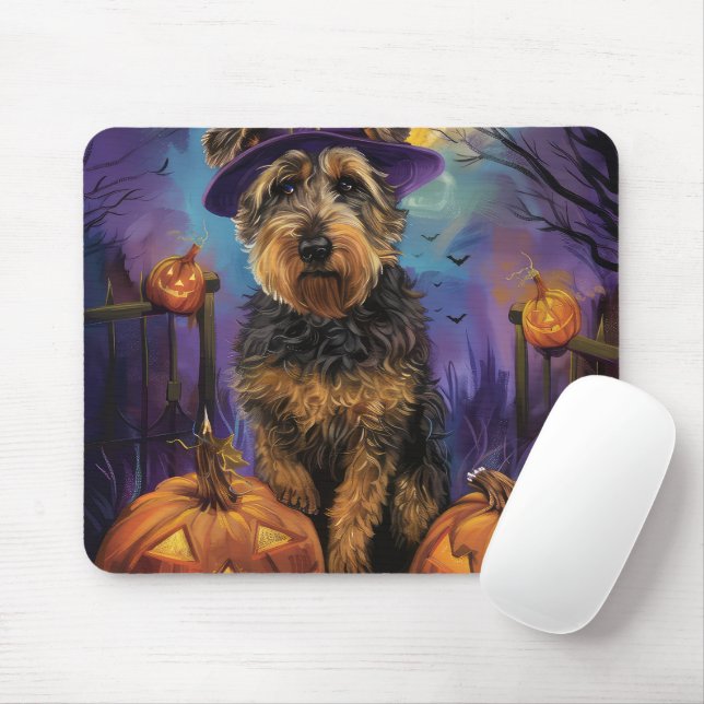 Spooky Airedale Halloween Witch and Pumpkin Mouse Pad (With Mouse)