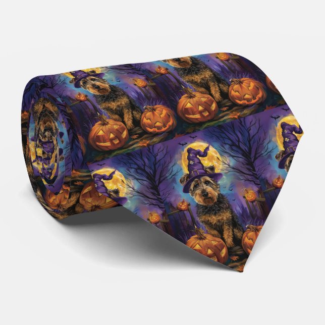 Spooky Airedale Halloween Witch and Pumpkin Neck Tie (Rolled)