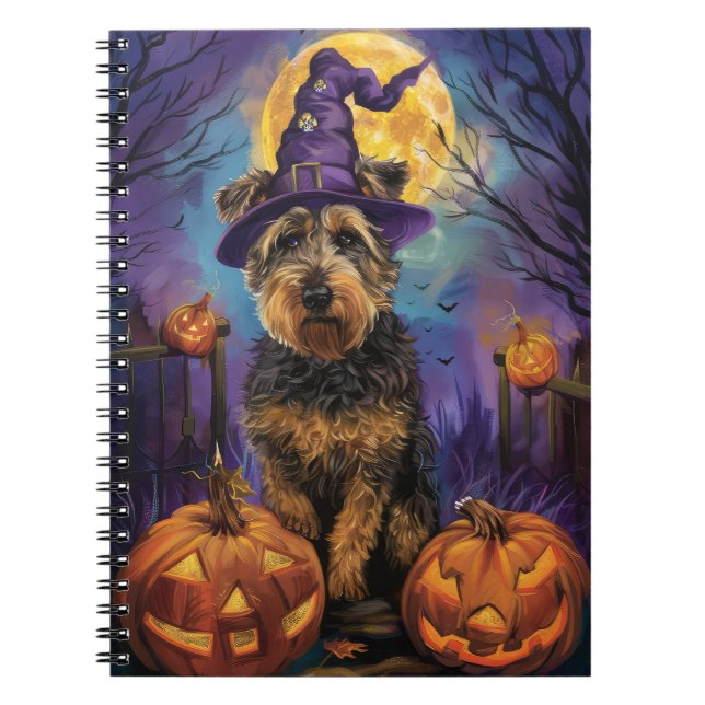 Spooky Airedale Halloween Witch and Pumpkin Notebook (Front)