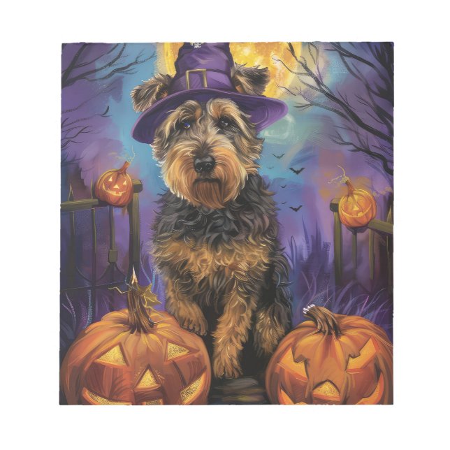 Spooky Airedale Halloween Witch and Pumpkin Notepad (Front)
