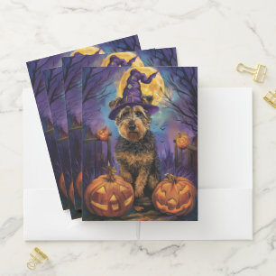 Spooky Airedale Halloween Witch and Pumpkin Pocket Folder