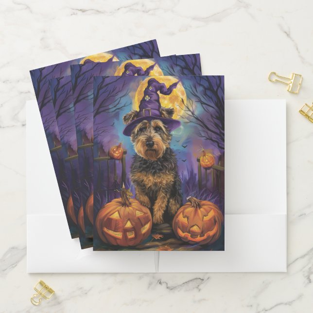 Spooky Airedale Halloween Witch and Pumpkin Pocket Folder (In Situ)