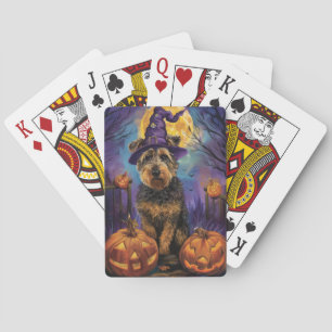 Spooky Airedale Halloween Witch and Pumpkin Poker Cards