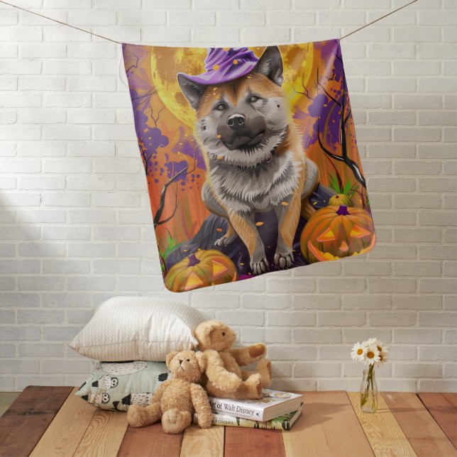  Spooky Akita Halloween Witch and Pumpkin  Baby Blanket (In Situ)
