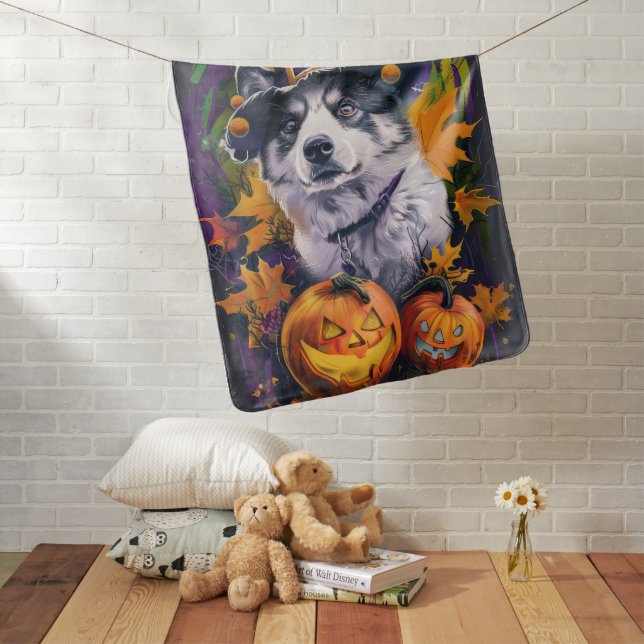 Spooky Akita Halloween Witch and Pumpkin  Baby Blanket (In Situ)