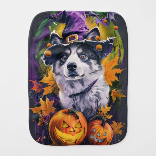 Spooky Akita Halloween Witch and Pumpkin  Baby Burp Cloth