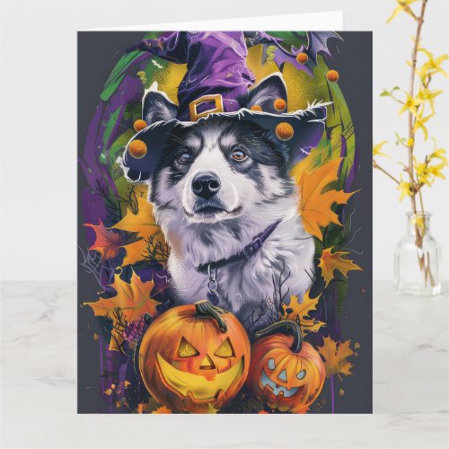 Spooky Akita Halloween Witch and Pumpkin  Card