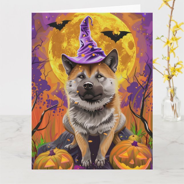  Spooky Akita Halloween Witch and Pumpkin  Card (Yellow Flower)