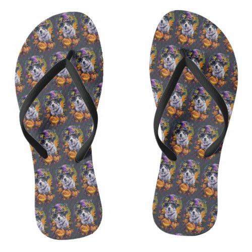 Spooky Akita Halloween Witch and Pumpkin  Flip Flops