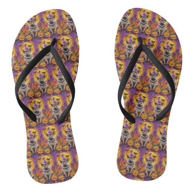  Spooky Akita Halloween Witch and Pumpkin  Flip Flops (Footbed)