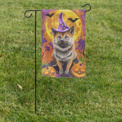  Spooky Akita Halloween Witch and Pumpkin  Garden Flag