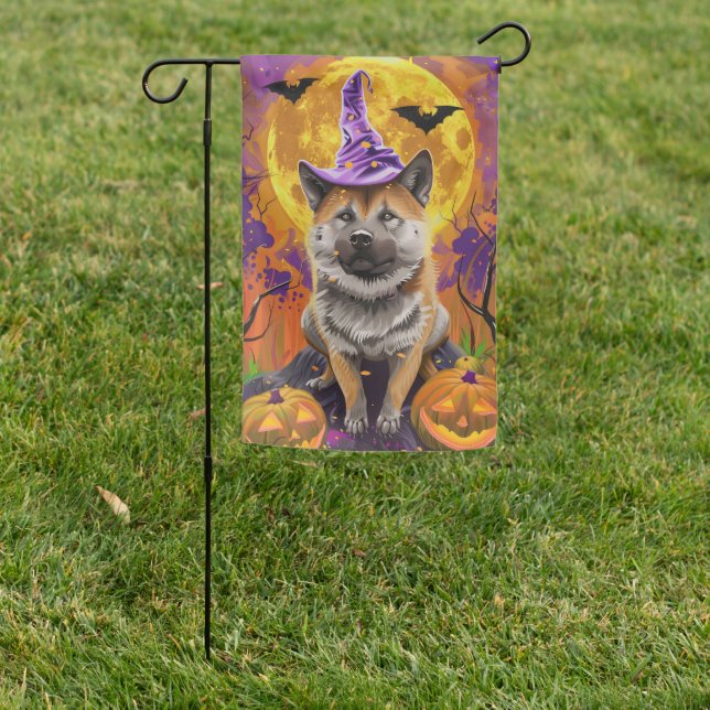  Spooky Akita Halloween Witch and Pumpkin  Garden Flag (In SItu)