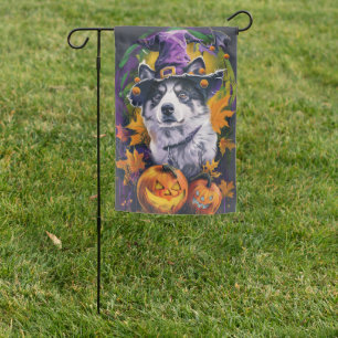 Spooky Akita Halloween Witch and Pumpkin Garden Flag