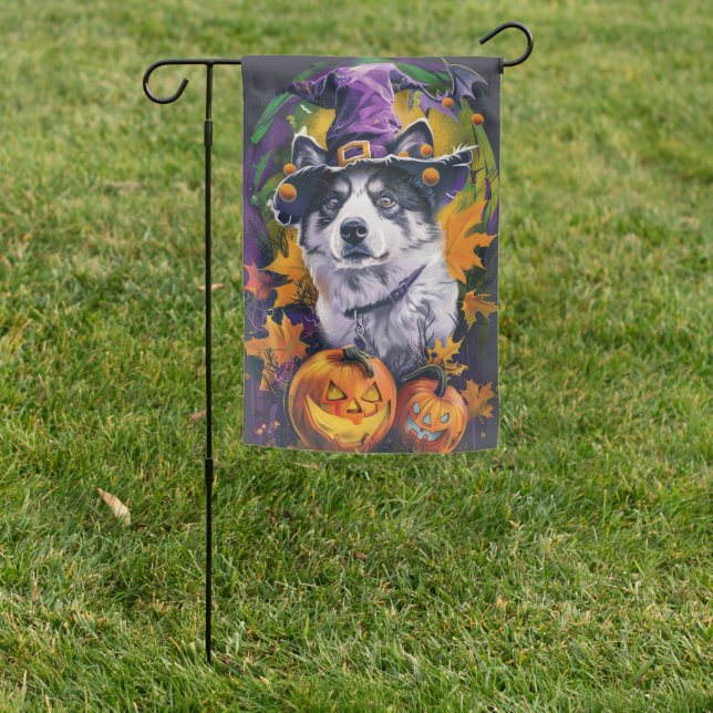 Spooky Akita Halloween Witch and Pumpkin  Garden Flag (In SItu)