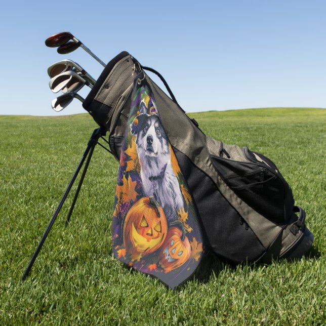 Spooky Akita Halloween Witch and Pumpkin  Golf Towel (Green)