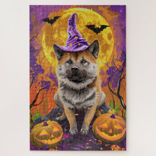 Spooky Akita Halloween Witch and Pumpkin Jigsaw Puzzle