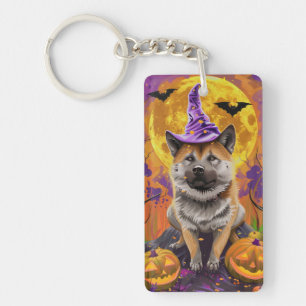 Spooky Akita Halloween Witch and Pumpkin Keychain