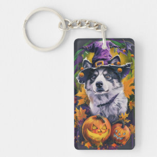 Spooky Akita Halloween Witch and Pumpkin Keychain