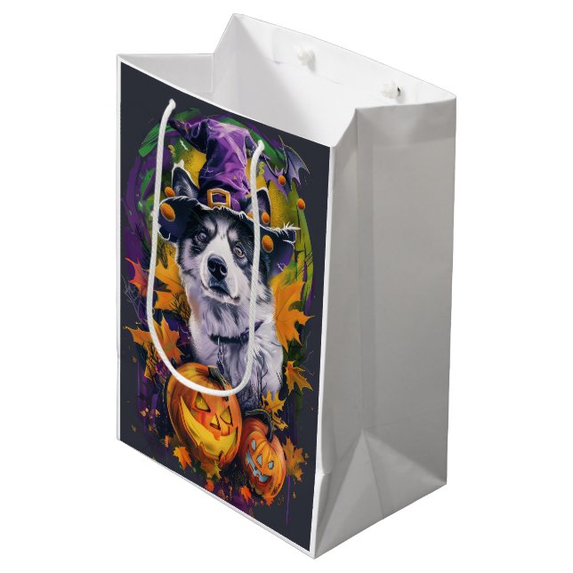 Spooky Akita Halloween Witch and Pumpkin  Medium Gift Bag (Front Angled)