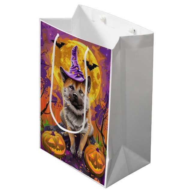  Spooky Akita Halloween Witch and Pumpkin  Medium Gift Bag (Front Angled)