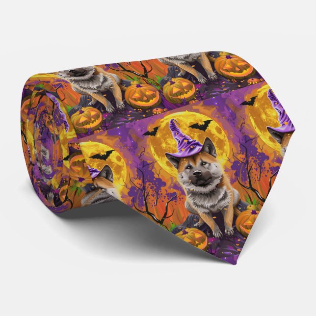  Spooky Akita Halloween Witch and Pumpkin  Neck Tie (Rolled)
