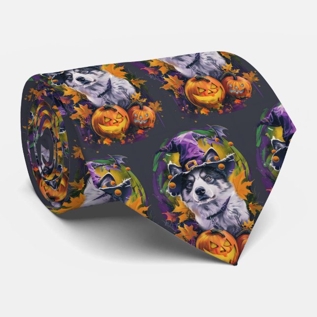 Spooky Akita Halloween Witch and Pumpkin  Neck Tie (Rolled)