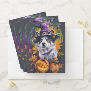 Spooky Akita Halloween Witch and Pumpkin Pocket Folder