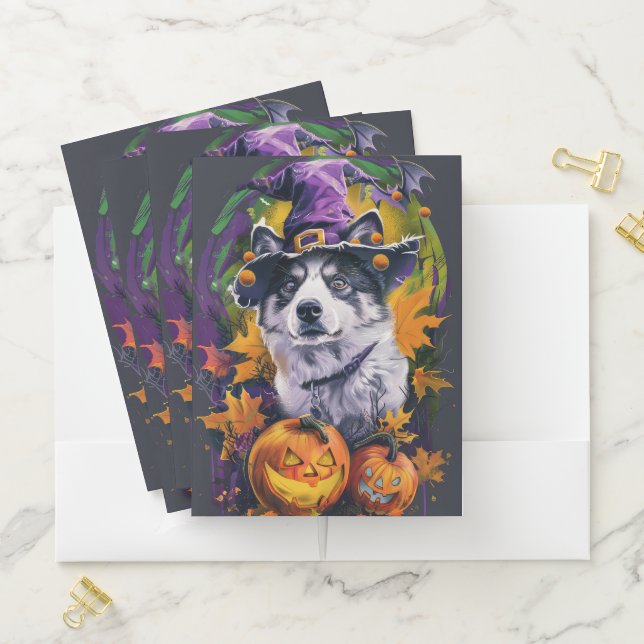 Spooky Akita Halloween Witch and Pumpkin  Pocket Folder (In Situ)