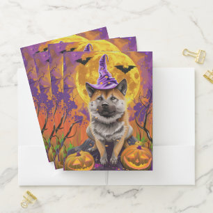 Spooky Akita Halloween Witch and Pumpkin Pocket Folder
