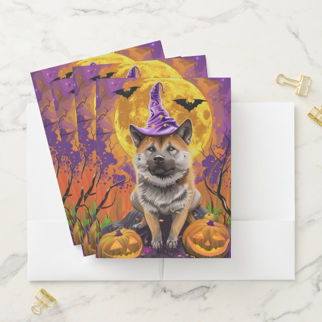  Spooky Akita Halloween Witch and Pumpkin  Pocket Folder (In Situ)