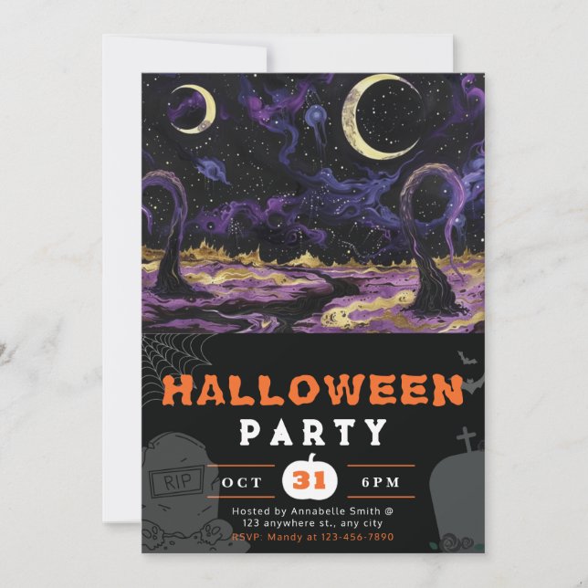 Spooky Alien Landscape Crescent Moon Halloween Invitation (Front)
