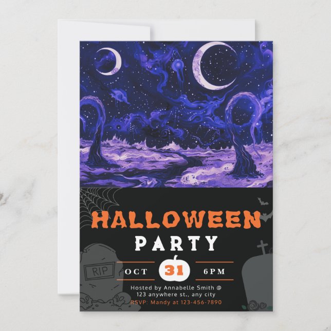Spooky Alien Landscape Crescent Moon Halloween Invitation (Front)