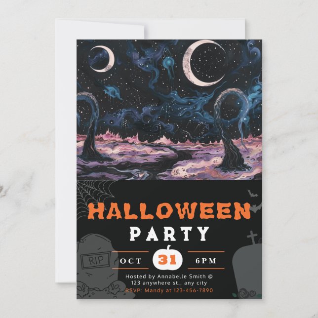 Spooky Alien Landscape Crescent Moon Halloween Invitation (Front)