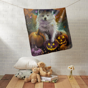 Spooky American Eskimo Halloween Witch and Pumpkin Baby Blanket