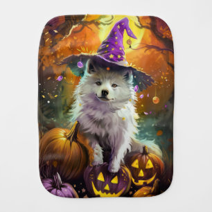 Spooky American Eskimo Halloween Witch and Pumpkin Baby Burp Cloth