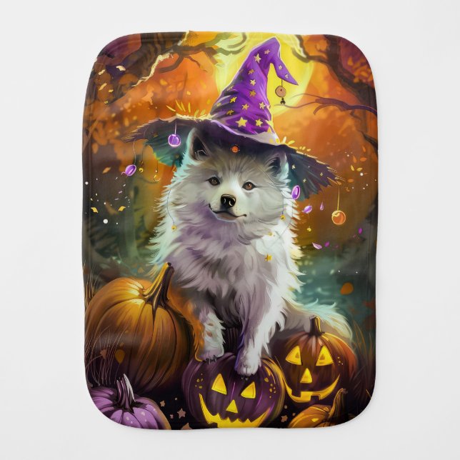 Spooky American Eskimo Halloween Witch and Pumpkin Baby Burp Cloth (Front)