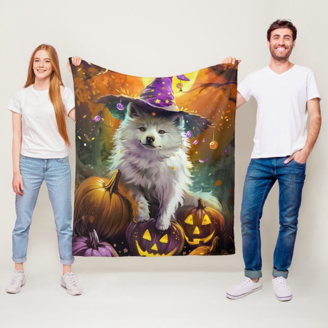 Spooky American Eskimo Halloween Witch and Pumpkin Fleece Blanket (In Situ)