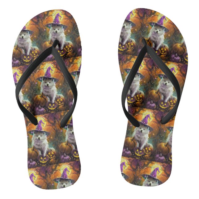 Spooky American Eskimo Halloween Witch and Pumpkin Flip Flops (Footbed)