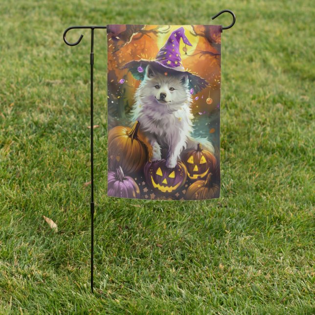 Spooky American Eskimo Halloween Witch and Pumpkin Garden Flag (In SItu)